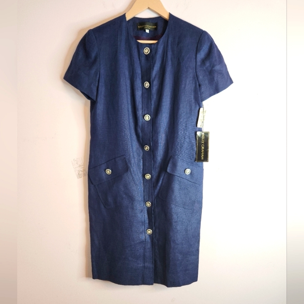 VTG KELLY GRAHAM 100% Linen Navy Blue Dress, size 6